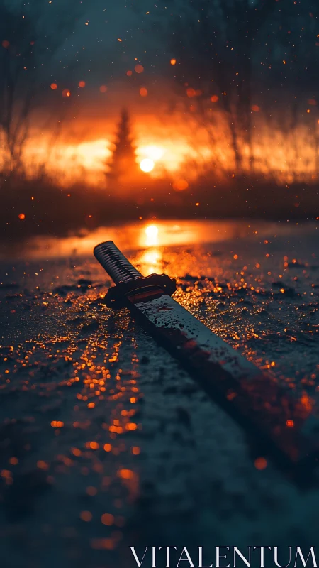 Samurai sword resting on wet ground at burning sunset.