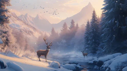 Stag Pair in Luminous Winter Valley beside Frozen Stream.