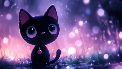 Luminescent Black Cat in Purple Bokeh Fantasy Environment.