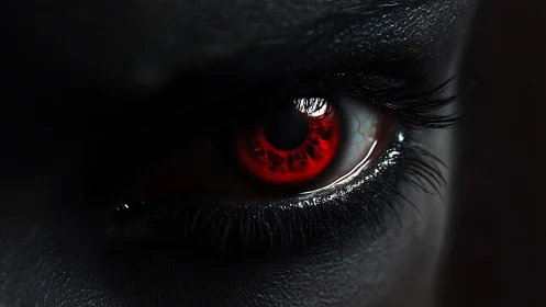 Close-up view of red human eye with dark surrounding skin.