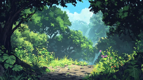 Lush Forest Clearing with Waterfall and Verdant Canopy