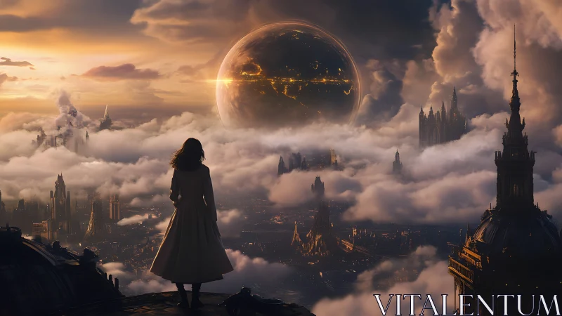 Backlit figure surveys neo-gothic cloud city beneath orbiting sphere