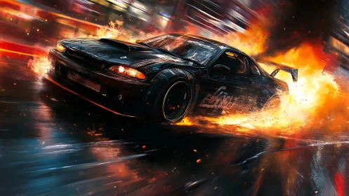 Street racer drifts through firestorm on wet neon asphalt.