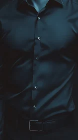 Midnight satin shirt framed by shadowed masculine poise.