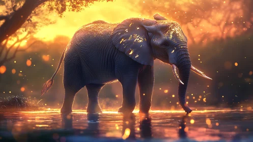 Backlit elephant wading through shallow water under volumetric sunset glow