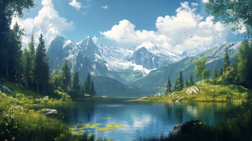 Sunlit alpine lake cradled by bright snow kissed peaks.