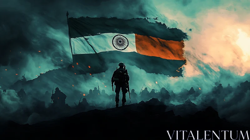 Soldier stands before Indian flag in smoky battlefield scene