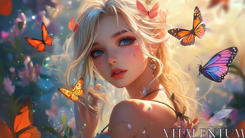 Elf maiden gazes through sunlit butterflies in soft bloom