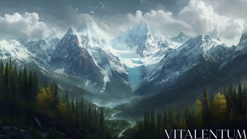 Glacial spires whisper over a pine-darkened valley river