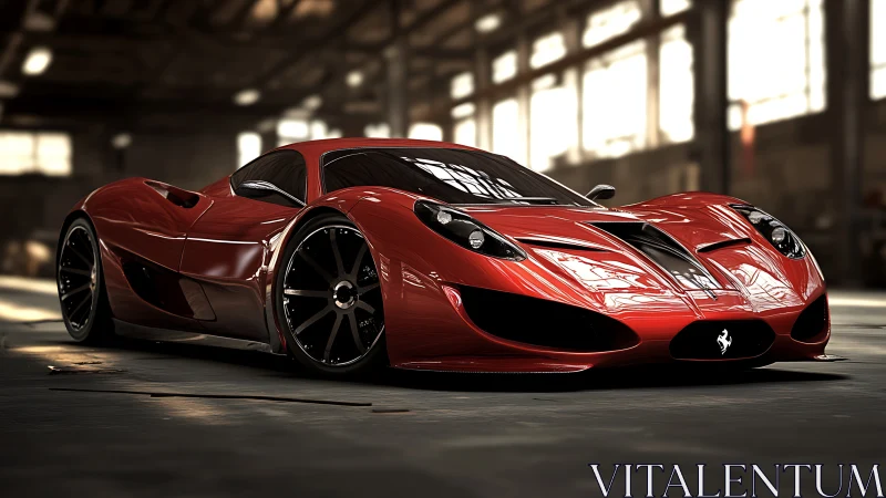 Red supercar in industrial warehouse with dramatic lighting.