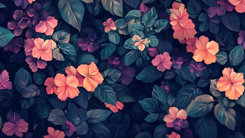 Layered Digital Flora Composition with Warm-Cool Color Dichotomy