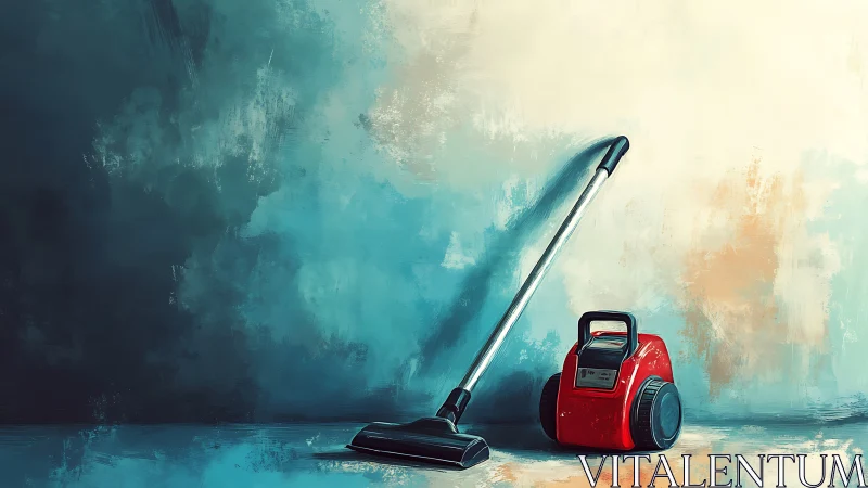 Red canister vacuum cleaner stands against textured wall