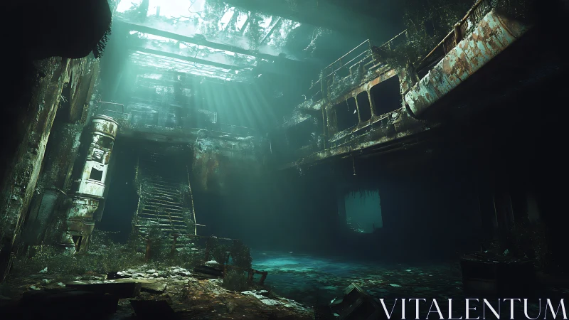 Sunken station exhales light through a shattered rooftop