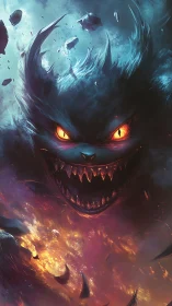 Digital painting of infernal cosmic demon with blazing eyes.