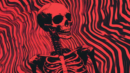 Human skeleton with red and black warped line background.