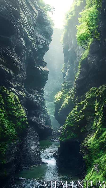 Sunlit mossy canyon with gentle river and quiet green magic.