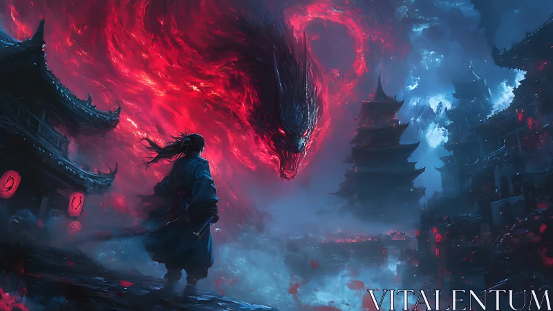 Samurai confronts blazing dragon spirit above dark citadel.