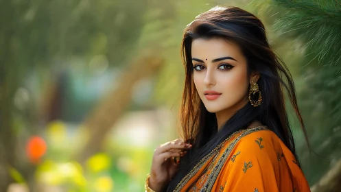 Sunlit gaze in marigold silk, wrapped in garden quietude.