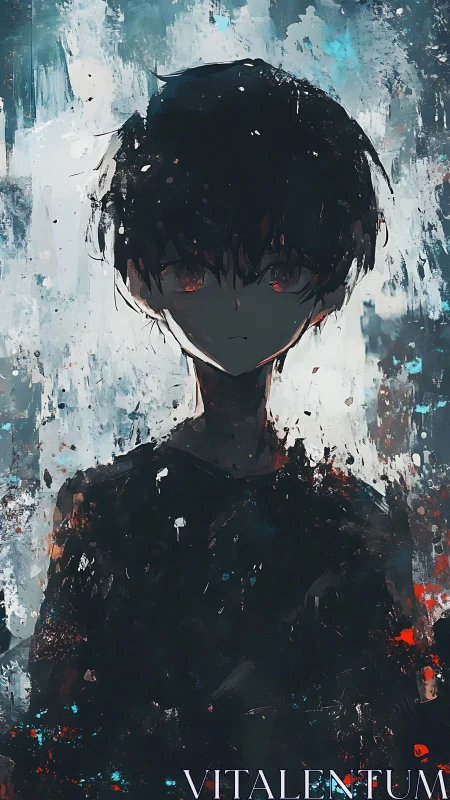 Brooding red eyed figure in fragmented abstract gloom.