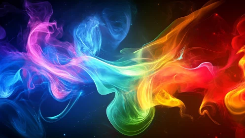 Prismatic smoke river swirling across a cosmic dark void.