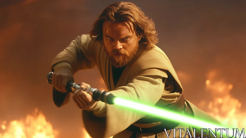 Jedi warrior holding green lightsaber in fiery battle scene.