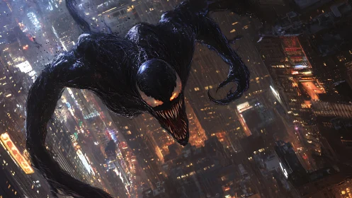 Night-slick symbiote soaring above neon-soaked streets.