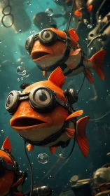 Orange fish with steampunk goggles swim through cluttered water