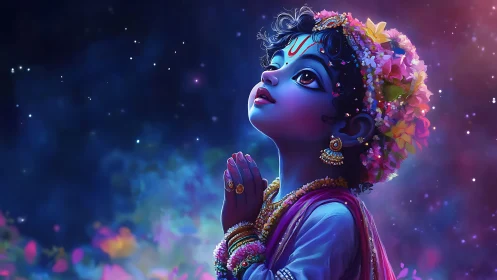 Child of starlight in prayerful, colorful midnight dream.