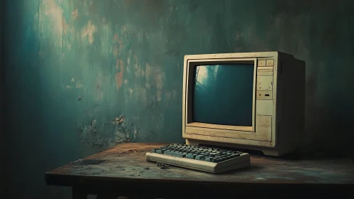Vintage beige computer decays on worn wooden desk.