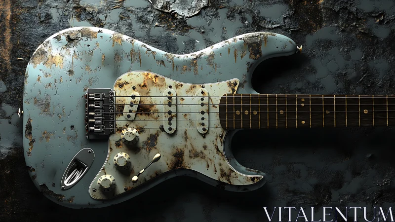 Relic-style electric guitar on textured dark surface.