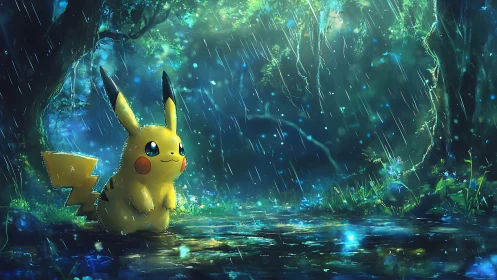 Rainlit forest guardian sparks quiet magic in blue twilight.