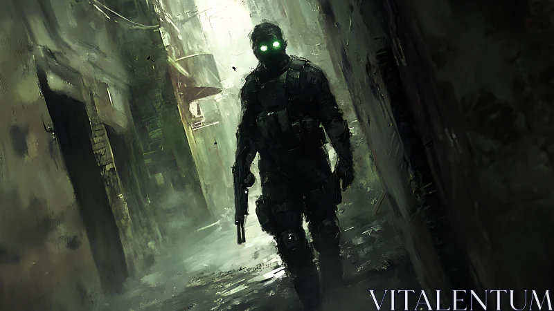 Stealth operative with glowing visor stalks a ruined alleyway.