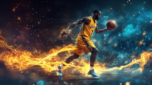 Digital Lakers guard dribbling through blazing fire trail.