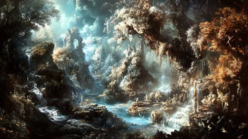 Whispering waterfalls in a sky-lit enchanted forest valley.