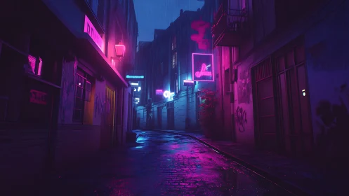 Neon illuminated narrow alleyway is depicted at night