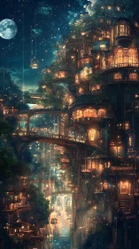 Luminous vertical harbor city under starlit midnight sky.