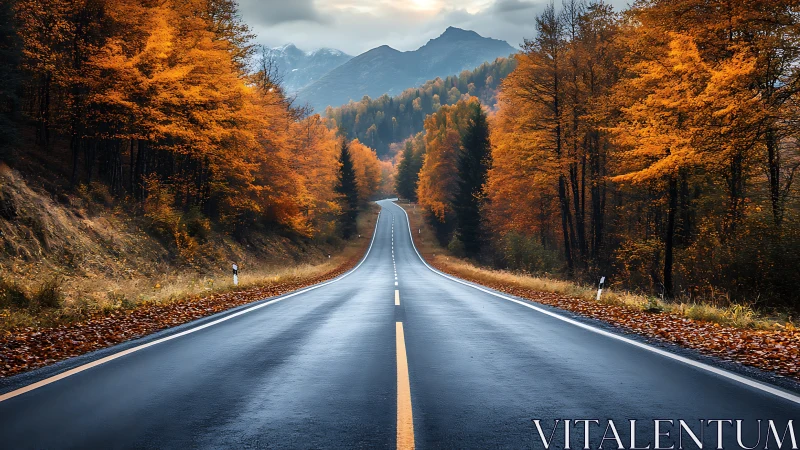 Photorealistic autumn highway perspective with mountain backdrop.