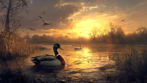 Mallard drake in shallow wetland under low sunset light.