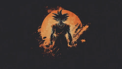 Silhouetted warrior figure against textured orange circular backdrop