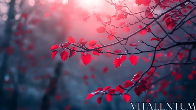 Crimson autumn leaves glow against cool misty forest background