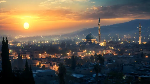 Sunset illuminates domed mosque and urban landscape below