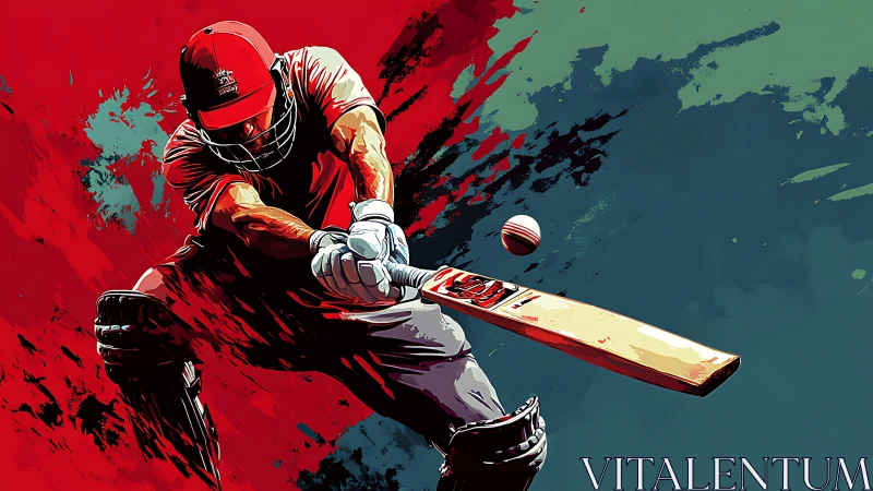 Cricket batsman in explosive swing amid abstract color field.