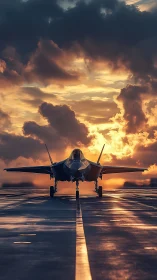 Photorealistic fighter jet on wet runway at cinematic sunset.