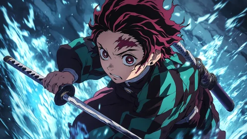 Sword-wielding warrior channels dynamic blue water energy.