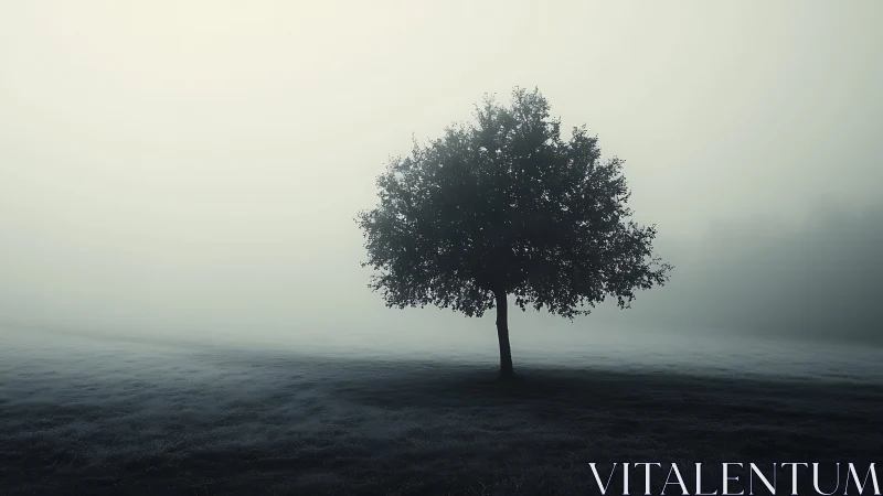 Solitary tree in dense morning fog over muted field.