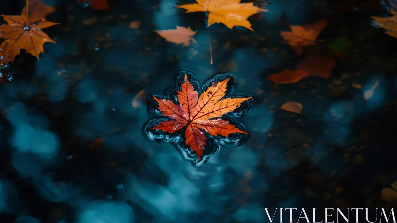Autumn maple leaf floating on dark blue water surface.