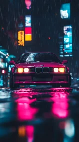 Red sports car in rainy neon city street at night.