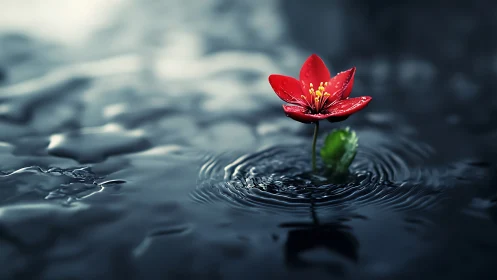 Single red flower stands in dark water with circular ripples
