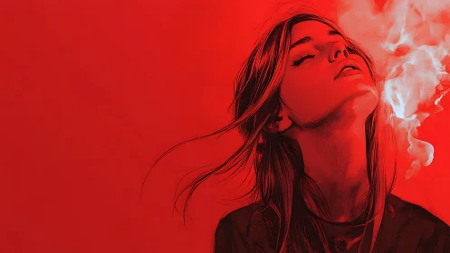 Woman in red digital portrait exhales smoke upward