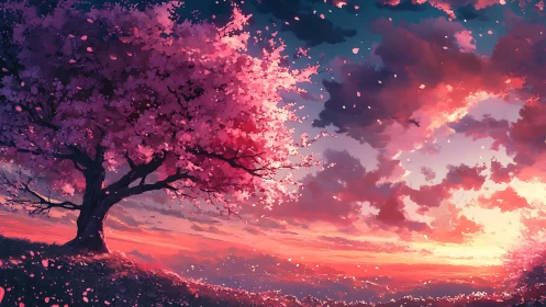 Solitary cherry tree before multicolored sunset sky.